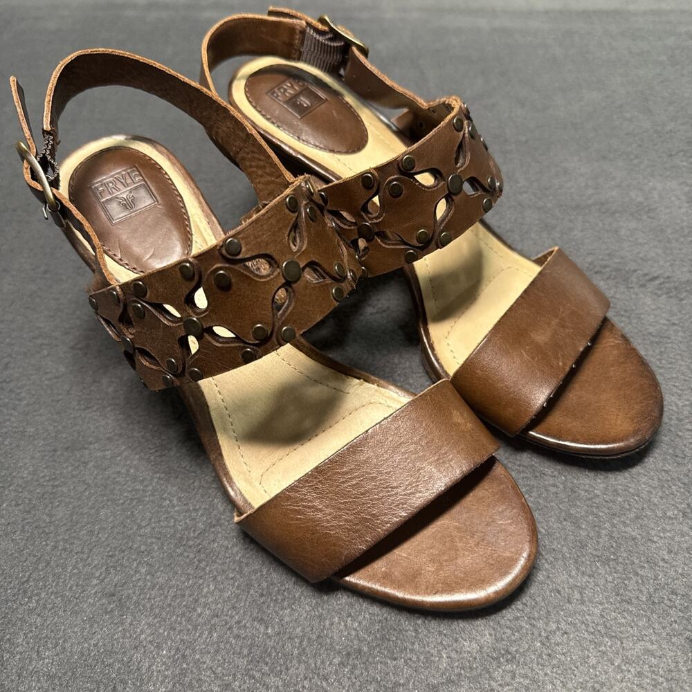 Frye Brown Leather Skye Floral Laser Cut Studded Heeled Sling Sandals Size 7